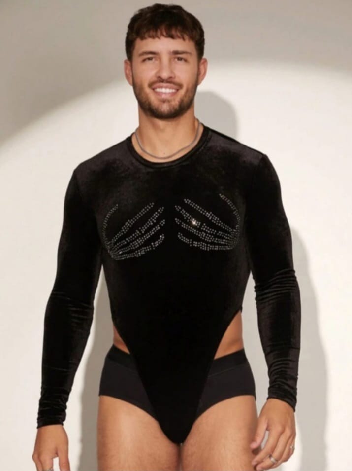 Men's crew neck long sleeve Rhinestone Decor Bodysuit